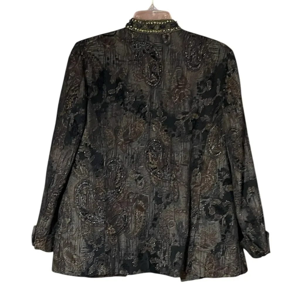 Chico's Womens Size Medium Dressy Brown Black Shimmer Sequin Bead Blazer Jacket